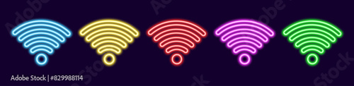 3d wifi signal neon wave effect.   Transparent neon circle symbol for wireless monitoring and protection. The blue, red, green glowing signal sensor indicates a wireless connection to the Internet.