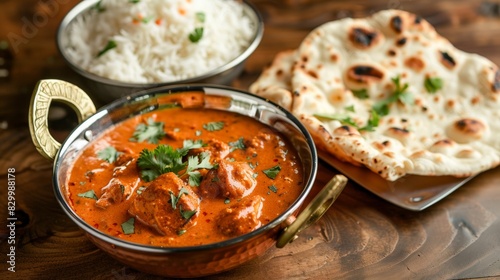 Rich Chicken Tikka Masala in Copper Pan with Rice and Naan