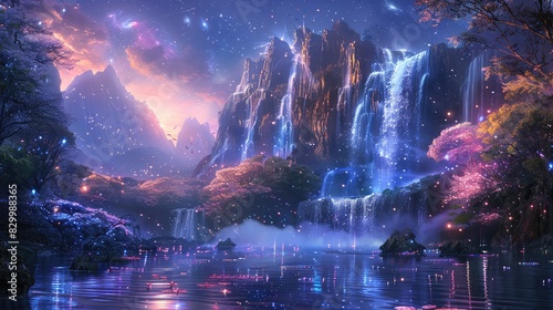 A photo of a celestial waterfall with shimmering water, a mystical forest with luminescent plants and a starlit sky photo