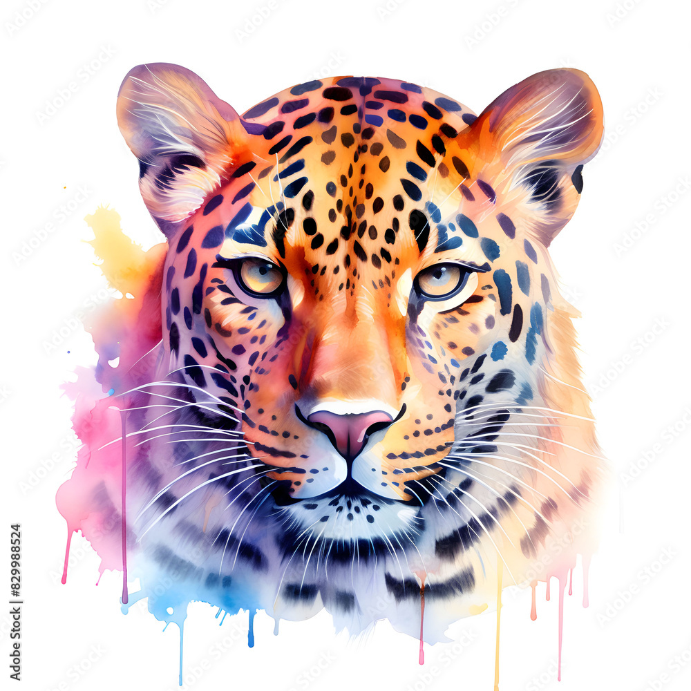 Obraz premium Colorful jaguar head watercolor illustration with splashes on white background. Wild animals art.