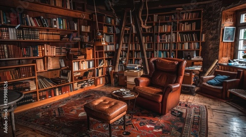 Cozy vintage library with wooden bookshelves, leather armchair, and antique decor, perfect for a serene reading retreat.