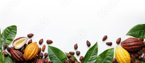 Fototapeta Naklejka Na Ścianę i Meble -  A copy space image of fresh cocoa fruits half sliced and accompanied by a green leaf seen from a top view on a white background