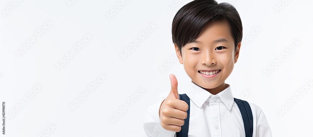 An enthusiastic Asian man displays a thumbs up gesture to express his approval with a plain white background allowing for a copy space image An enthusiastic Asian man displays a thumbs up gesture to express his approval with a plain white background allowing for a copy space image