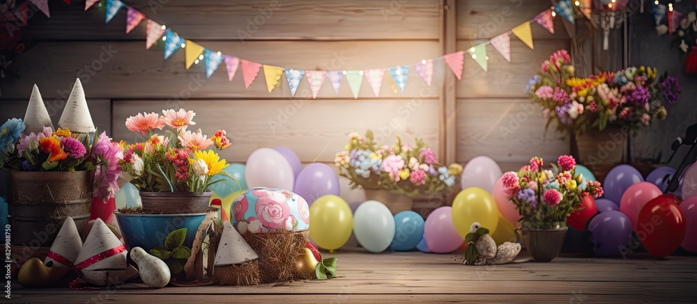 Fototapeta premium A festive Easter scene with a basket filled with colorful eggs and flowers on a wooden floor surrounded by party flags and a celebrate banner Copy space is available