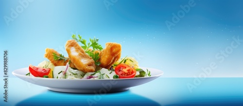 Copy space image of a blue background showcasing a delicious plate of fried fish accompanied by a fresh salad and crispy patacones photo