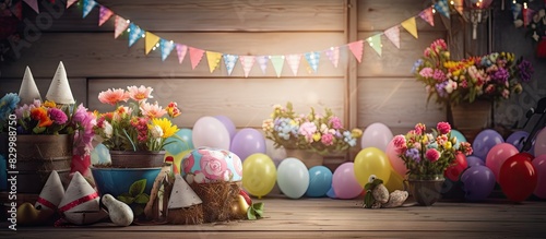 A festive Easter scene with a basket filled with colorful eggs and flowers on a wooden floor surrounded by party flags and a celebrate banner Copy space is available © vxnaghiyev
