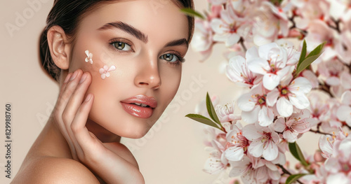 A beautiful woman with clean and radiant skin touching her face  showcasing the beauty of facial care products on an isolated background. The model is adorned with delicate flowers in full bloom