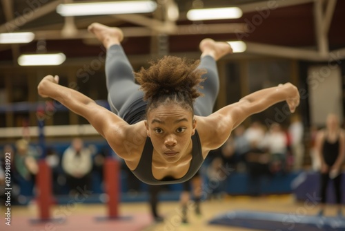 Dynamic Gymnast Mid-Air Floor Routine in Gymnasium with Audience and Judges - Sports Photography