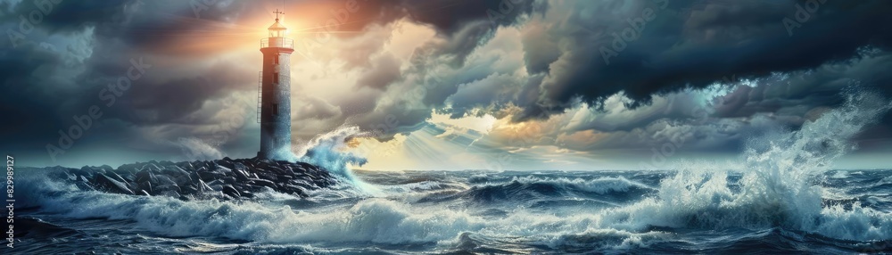 Dramatic lighthouse with glowing light during a stormy sea. Dark clouds and crashing waves emphasize the power of nature and hope. Dramatic lighthouse with glowing light during a stormy sea. Dark clouds and crashing waves emphasize the power of nature and hope.