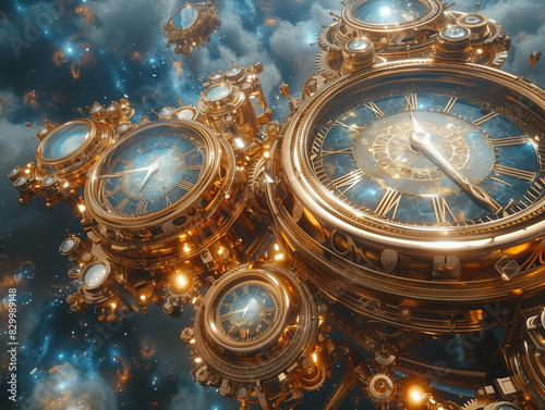 Steampunk-inspired clocks floating in a cosmic setting.