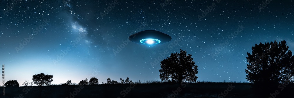 During the day with a clear blue sky. In the distance is a UFO hovering ...