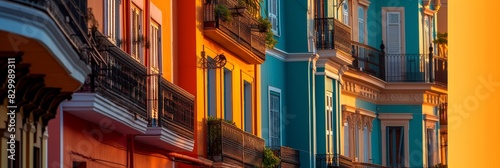 Colorful apartment building with balconies during sunset or sunrise