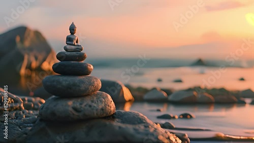 A neat arrangement of rocks stacked on a sandy beach, under a clear sky.