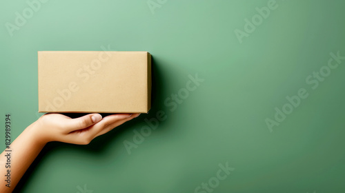 Single hand holding a cardboard box against a green background. photo