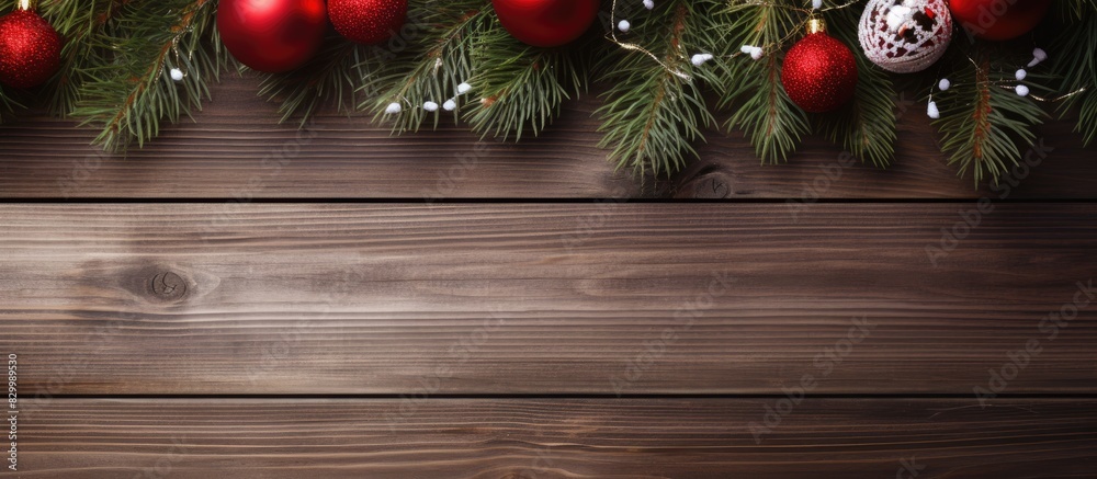 A festive frame with Christmas decorations on a wooden background including a branch from a fir tree and red and white baubles Copy space image A festive frame with Christmas decorations on a wooden background including a branch from a fir tree and red and white baubles Copy space image
