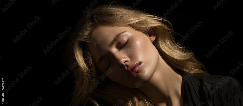 Copy space image of a blonde girl young and beautiful with closed eyes portraying a melancholic expression on a dark backdrop Copy space image of a blonde girl young and beautiful with closed eyes portraying a melancholic expression on a dark backdrop