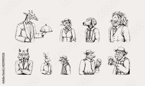 Animal tattoo. Anthropomorphic mammals. Sketch art. Pig and monkey drink beer. Bear like human. Engraved bird. Dressed cat. Lion portrait. Hand drawn characters set. Vector retro woodcut