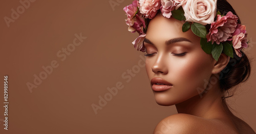 A beautiful woman with clean and radiant skin touching her face, showcasing the beauty of facial care products on an isolated background. The model is adorned with delicate flowers in full bloom