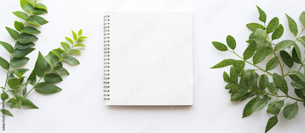 An open notebook lies on a white desk It is adorned with fresh green leaves creating a stunning copy space image Perfect for text or mockup additions An open notebook lies on a white desk It is adorned with fresh green leaves creating a stunning copy space image Perfect for text or mockup additions