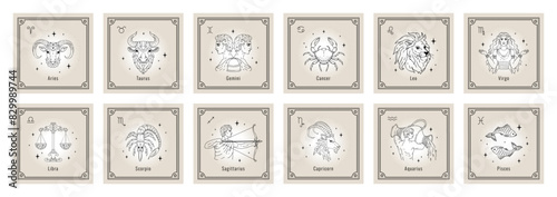 Zodiac signs. Astrology icons of Aquarius, cancer and Taurus, logo or line symbol of libra, Capricorn and Aries. Traditional horoscope symbols collections. Print or label design. Vector cards