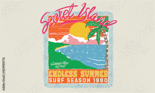Secret island print design for t shirt print, poster, sticker, background, men, women and others. Surfing culture club. Summer vibes print design. Palm beach vibes artwork. Endless summer art.
