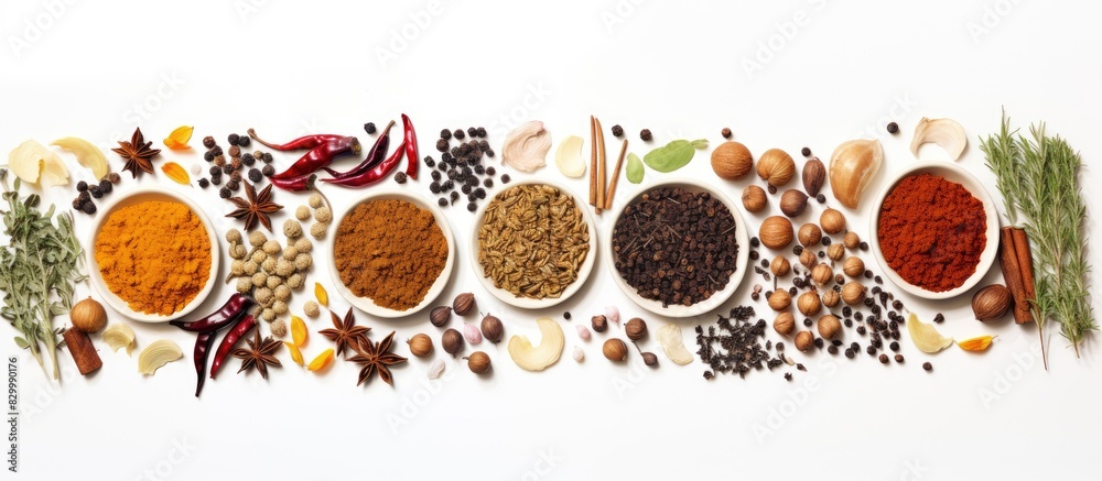 A white background with an assortment of spices herbs and utensils creates a food themed copy space image A white background with an assortment of spices herbs and utensils creates a food themed copy space image