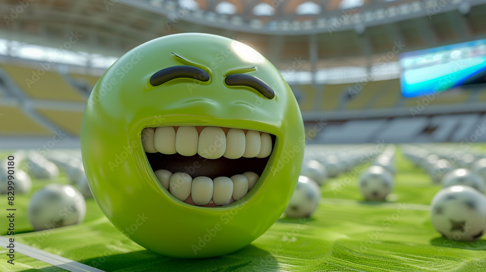 3D lime green emoji with an ecstatic laughing face, on a dynamic sports