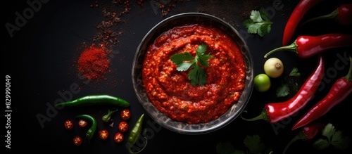 A bowl of homemade rose harissa sauce made with hot chili peppers captured in a top view flat lay on a black background providing ample copy space for text or other elements photo