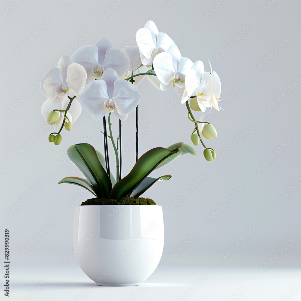Elegant white orchid plant in a white pot, isolated on a white background. Elegant white orchid plant in a white pot, isolated on a white background.