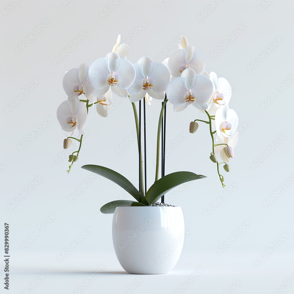 Elegant white orchids in a white pot against a clean white background. Elegant white orchids in a white pot against a clean white background.