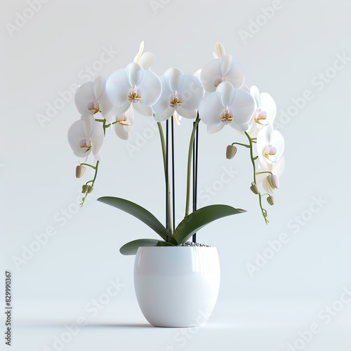 Elegant white orchids in a white pot against a clean white background.