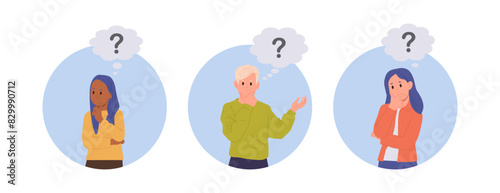 Isolated round composition set with pensive, confused children asking wondering with question mark