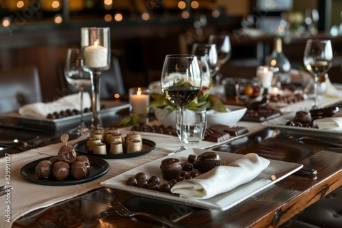 Elegant Dining Table Set for a Chocolate Themed Tasting Menu Event with Candles and Wine Pairings for a Luxurious Experience