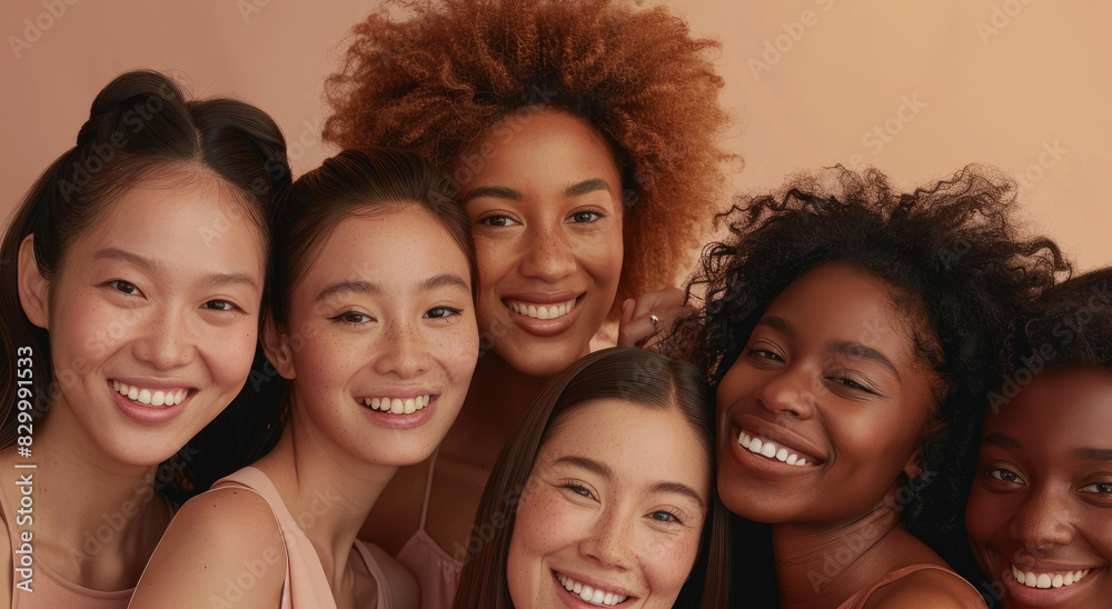 A diverse group of women, each representing different ethnicities and skin tones, posing together for an advertising campaign featuring beauty products with natural ingredients