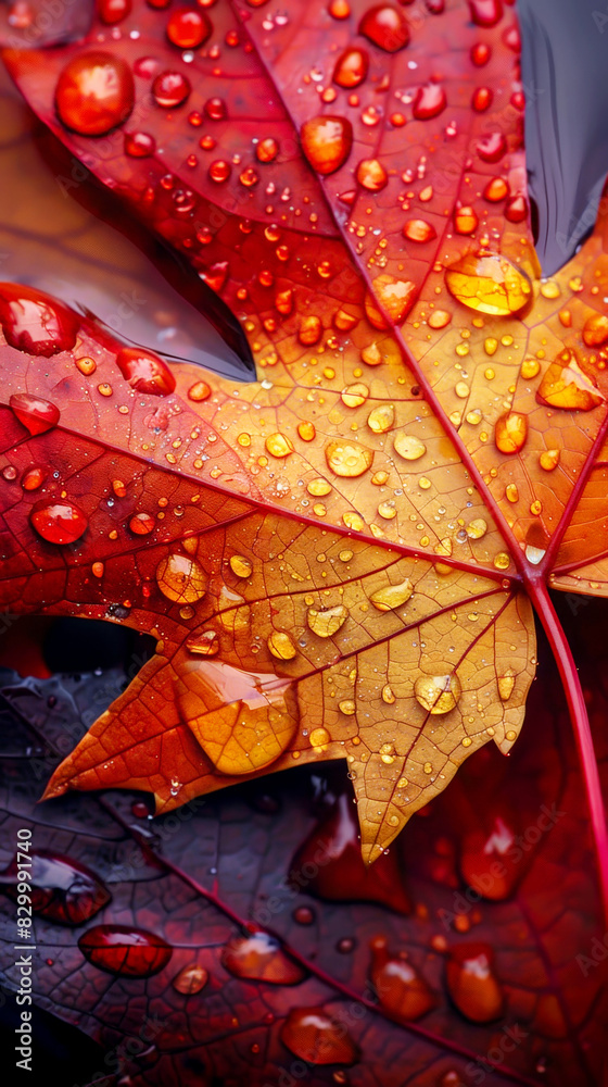 Obraz premium Macro shot of an orange and red autumn leaf with water droplets, showcasing the vivid colors and natural beauty.