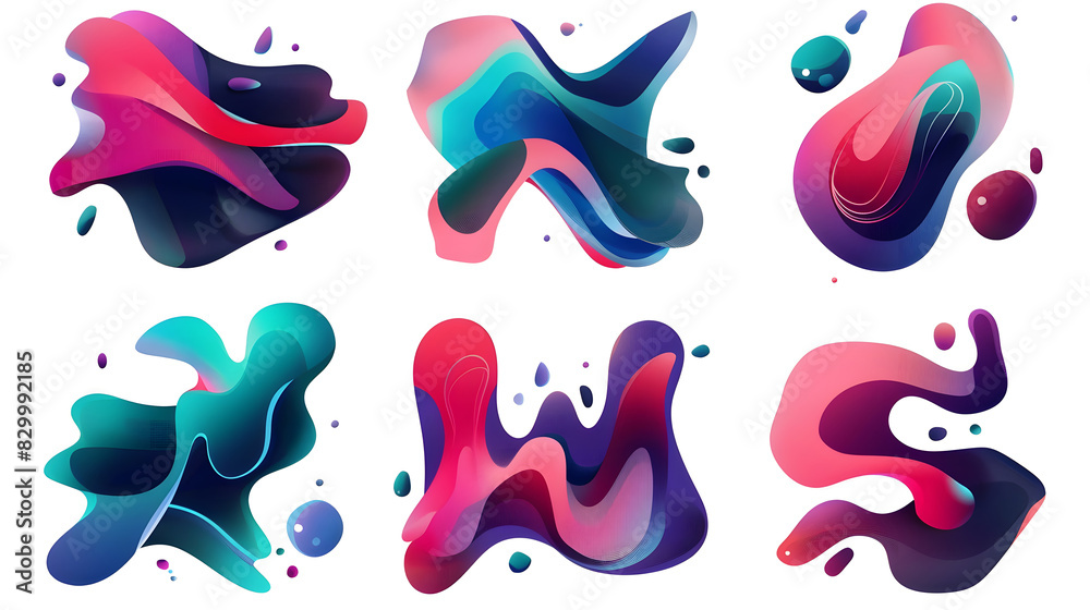 Red flat shape and green fluid blob, blue liquid stain and violet geometric form. Set of isolated abstract aqua spot with gradient or dynamic color. Generative AI.