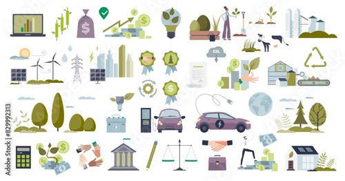 Sustainable investment or green business objects in tiny person collection set, transparent background. Elements with environmental continuous manufacturing, ecological ESG practices.
