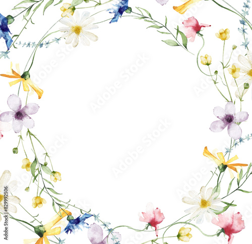 Watercolor painted floral wreath. Yellow, blue, white and pink wild flowers. Circular shape frame. Template illustration.