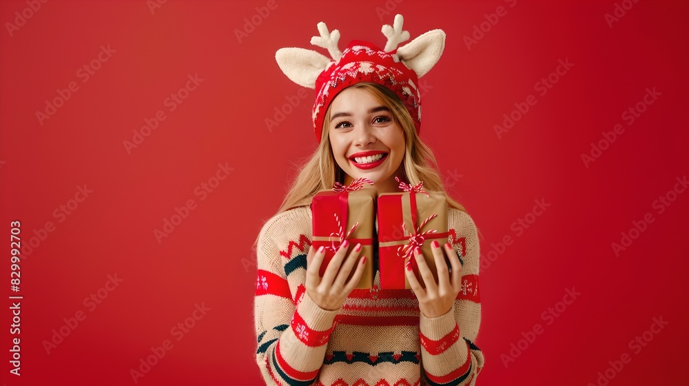 Joyful woman in festive sweater holding gifts. Bright red background. Holiday cheer with Christmas style. Ideal for festive promotions. AI Joyful woman in festive sweater holding gifts. Bright red background. Holiday cheer with Christmas style. Ideal for festive promotions. AI