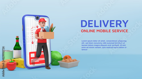 Online supermarket. 3D grocery shop. Mobile application. Product delivery from market basket. Phone app. Courier traffic route. Express shipment. Order logistics. Vector banner design