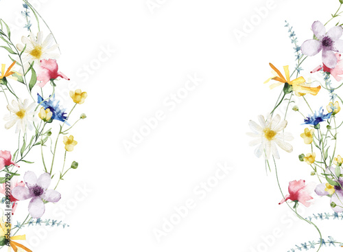 Watercolor painted floral frame. Yellow, blue, white and pink wild flowers. Template summer meadow illustration.