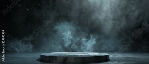 3D rendering of a dark and mysterious stage with a spotlight shining down on an empty pedestal.