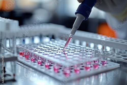 The scientist fills the microplate with a pipette in the lab for biological or chemical analysis photo