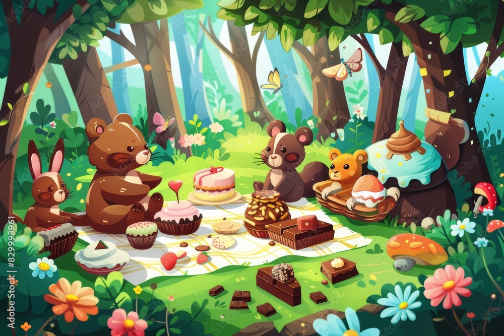 Naklejka premium Whimsical Cartoon Animals Enjoying Chocolate Picnic in Forest - Playful & Colorful Illustration for Card, Poster, Print Design