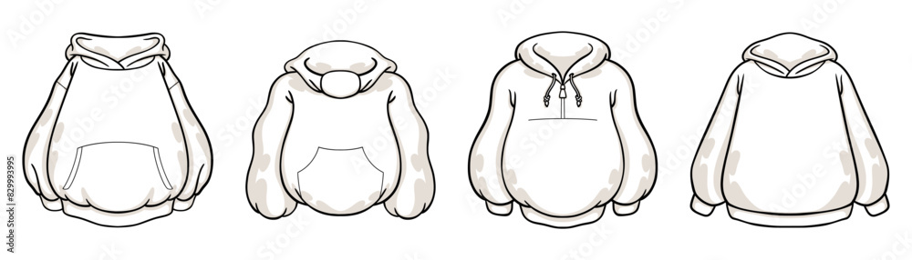 Obraz premium Sweatshirt template. T-shirt design. Clothing with hood and pocket. Outline sweater. Graphic pullover. Oversize sweat. White unisex apparel front view. Vector flat clothes models set