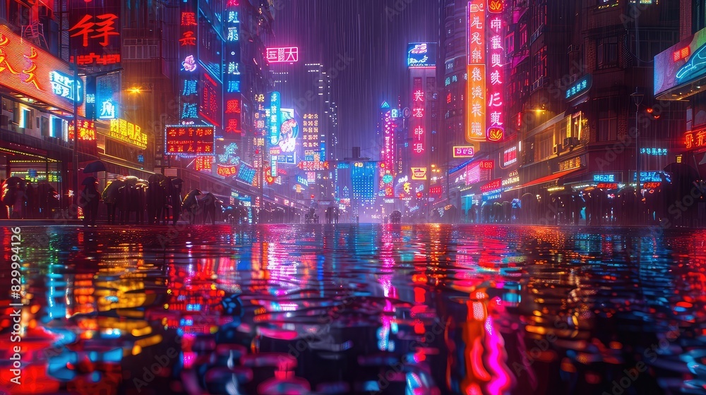 A photo of a cyberpunk cityscape with neon signs, a rainy night with reflections on wet streets and bustling crowds