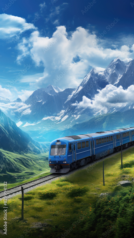 Train traveling through scenic mountain landscape with blue sky and clouds