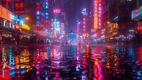 A photo of a cyberpunk cityscape with neon signs  a rainy night with reflections on wet streets and bustling crowds