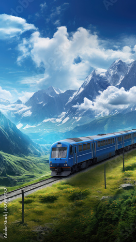 Train traveling through scenic mountain landscape with blue sky and clouds