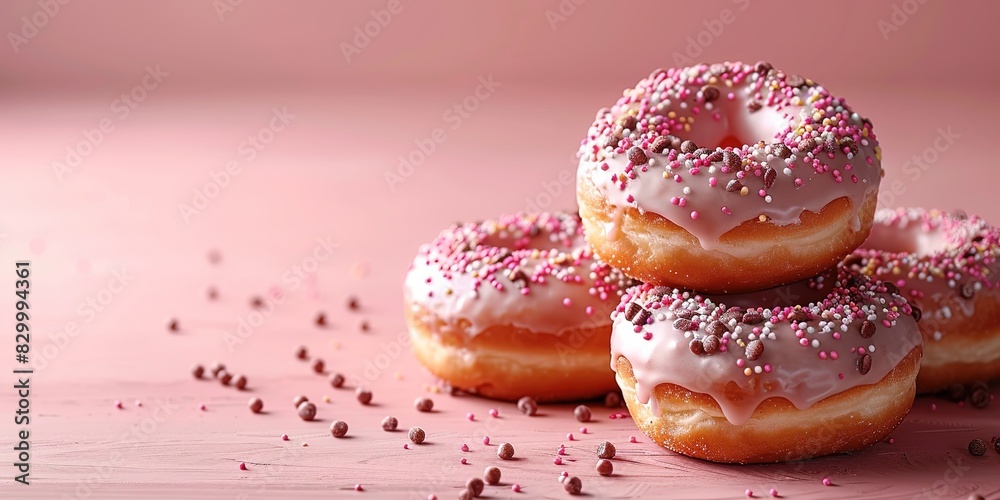Stack of vanilla donuts with multicolored icing and sprinkles on a bright pink background Stack of vanilla donuts with multicolored icing and sprinkles on a bright pink background